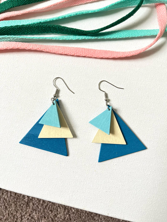 Blue Layered Triangle Wooden Earrings