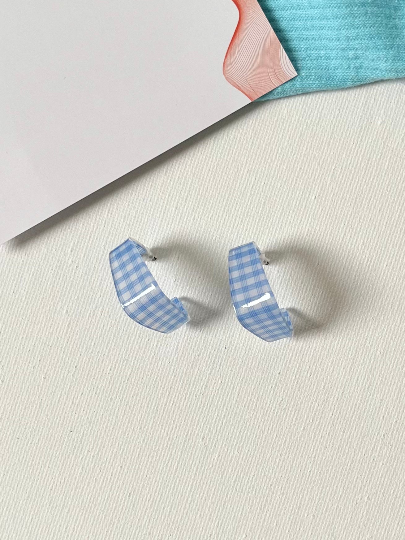 Blue Checkered Patterned Hoop Earrings 2