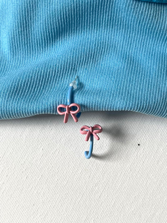 Blue Hoop Earrings with Pink Bow Accent 1