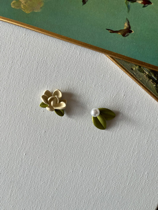 Green & White Mismatched Floral Stud Earrings