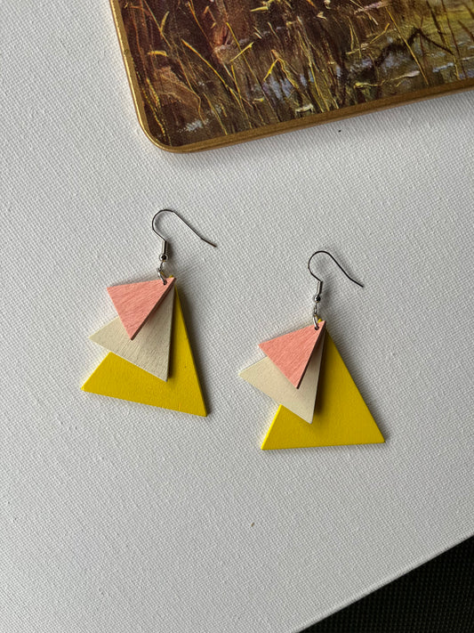 Yellow Layered Triangle Wooden Earrings